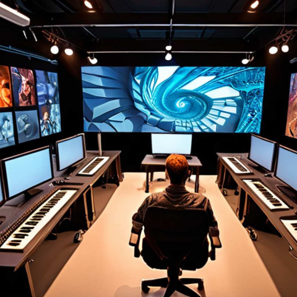 **Prompt:** "A vibrant, panoramic view inside a cutting-edge animation studio. A diverse team of animators, writers, sound engineers, and project managers actively collaborating. Digital screens display evolving 3D character models, intricate storyboards, and complex audio waveforms. The central focus is a subtle visual representation of a 'conductor' overseeing the creative 'orchestra,' symbolizing the harmonious blend of various talents. The scene is filled with a sense of collaborative energy, innovation, and passion for storytelling. Professional studio lighting, highly detailed."