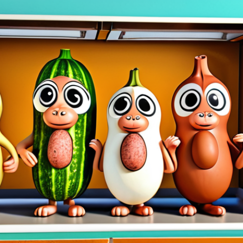 Home 18 A vibrant lineup of Cocomong characters, anthropomorphic fruits and vegetables, each with distinct and expressive faces. Cocomong (sausage-monkey) appears curious and inventive, Agly (cucumber) mischievous, Aromi (egg) joyful, and Doori (banana) loyal. The minimalist design emphasizes their individual personalities through simple yet highly effective visual cues, set against a brightly lit, charming refrigerator world backdrop. High-quality children's animation style, colorful and endearing.