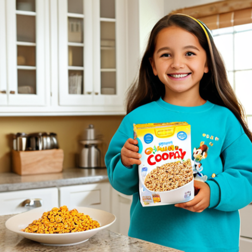 A happy young girl, fully clothed in modest, everyday children's clothing, smiling brightly as she holds a brightly colored cereal box featuring a beloved, friendly animated character. She is in a bright, clean, family-friendly kitchen, bathed in soft, natural light. The scene is captured with professional photography, showcasing high quality and realistic detail. safe for work, appropriate content, fully clothed, family-friendly, perfect anatomy, correct proportions, natural pose, well-formed hands, proper finger count, natural body proportions.