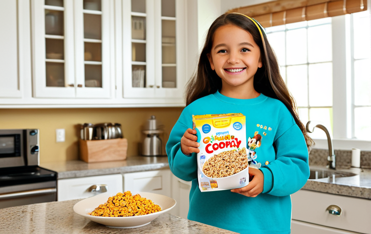 A happy young girl, fully clothed in modest, everyday children's clothing, smiling brightly as she holds a brightly colored cereal box featuring a beloved, friendly animated character. She is in a bright, clean, family-friendly kitchen, bathed in soft, natural light. The scene is captured with professional photography, showcasing high quality and realistic detail. safe for work, appropriate content, fully clothed, family-friendly, perfect anatomy, correct proportions, natural pose, well-formed hands, proper finger count, natural body proportions.